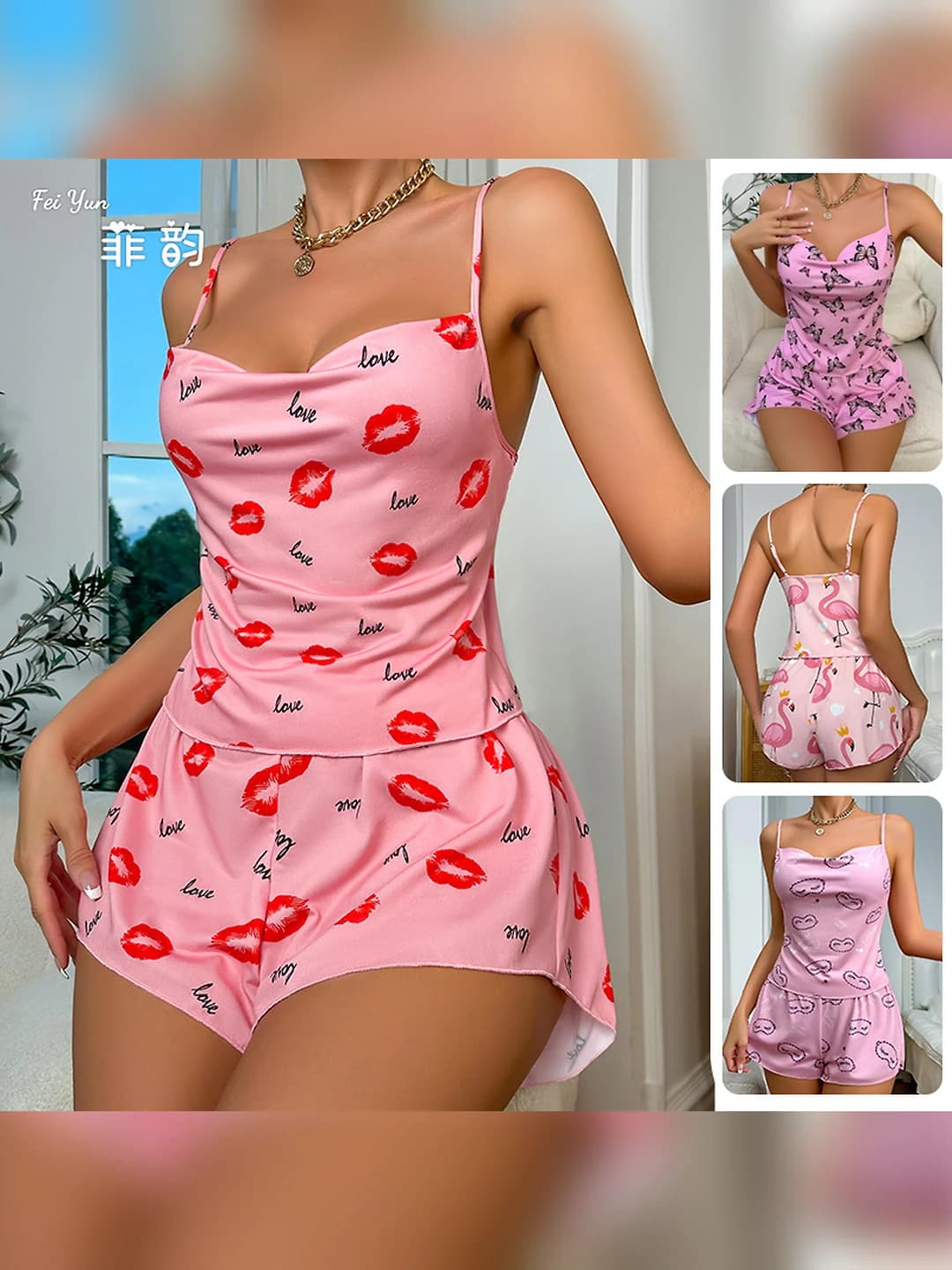 Women's printed pajama set: camisole top and shorts, milk silk fabric, sleeveless, for summer, spring, autumn seasons