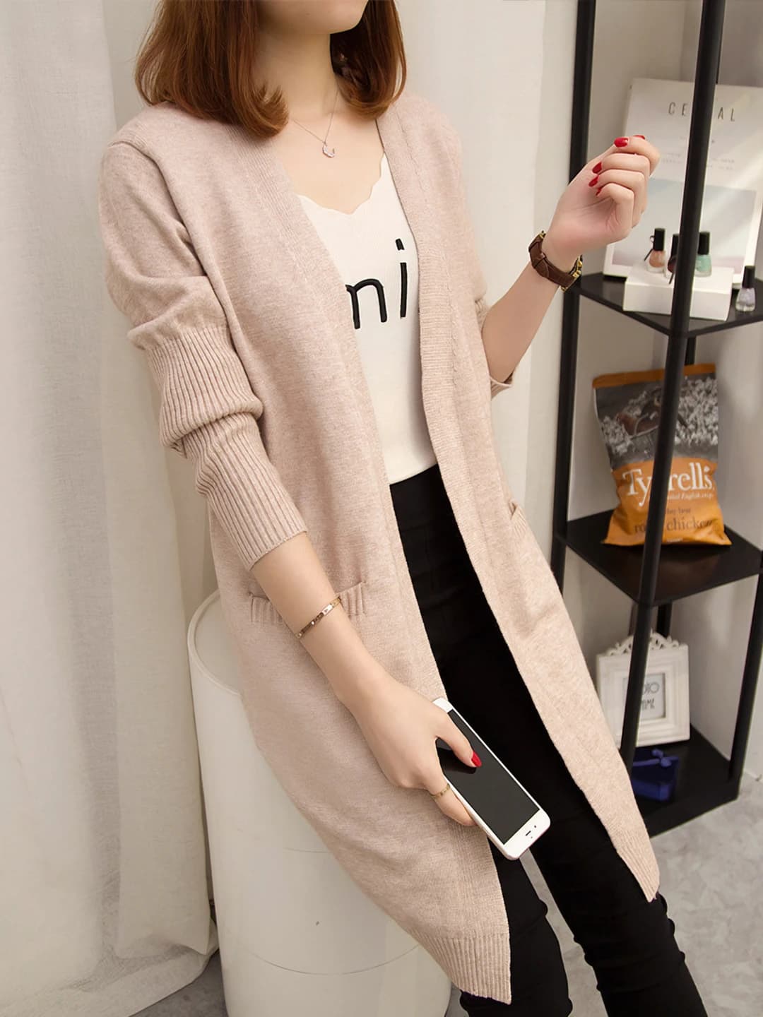 Women's 2026 autumn-winter cardigan, Korean style, V-neck, long sleeve, loose fit, mid-length, solid colour, casual knit top
