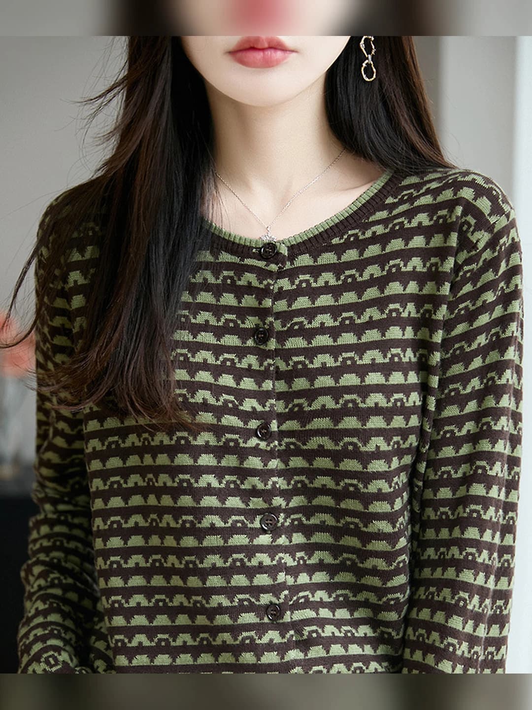 Women's striped knit cardigan 2026 spring-summer, crew neck, long sleeve, loose fit, wool sweater outerwear