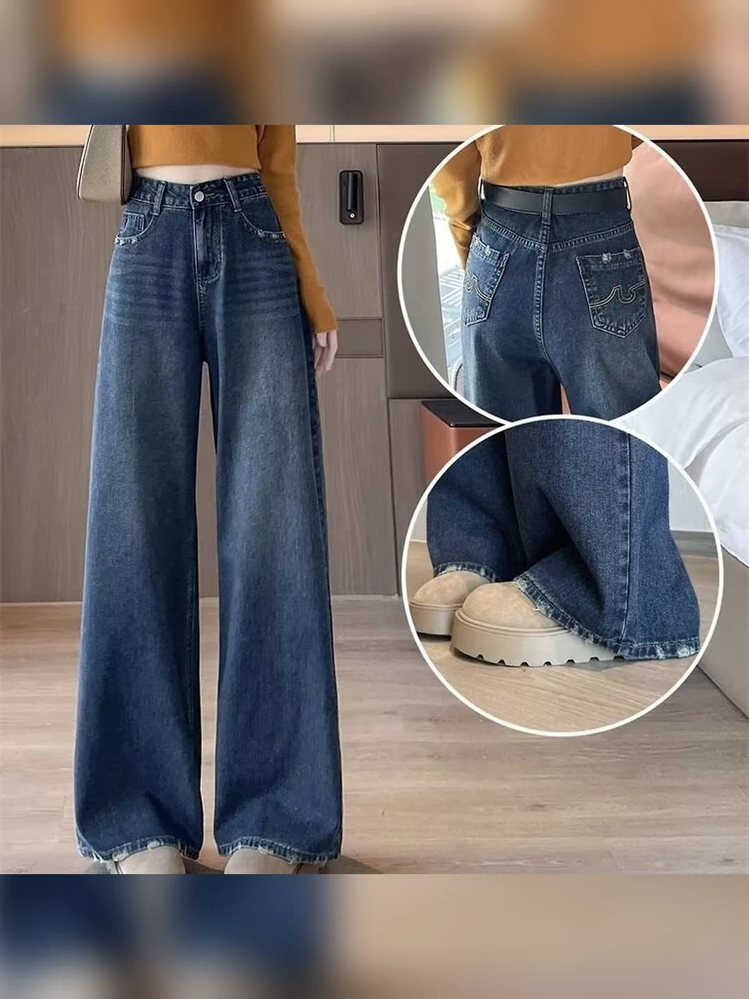 Ayollar uchun retro uslubdagi baland belli keng va klesh jinsi shimlar, to'g'ri kesim, bo'sh (oversize), uzun shim, kundalik, kuzgi