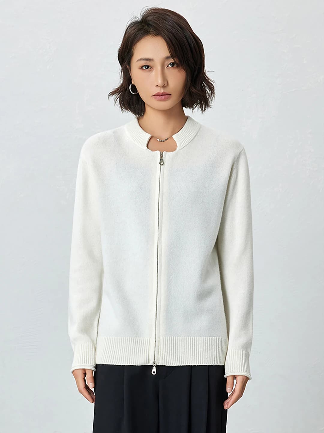 Women's 2026 autumn-winter 95% wool zip-up cardigan, crew neck, long sleeve, loose fit, thickened