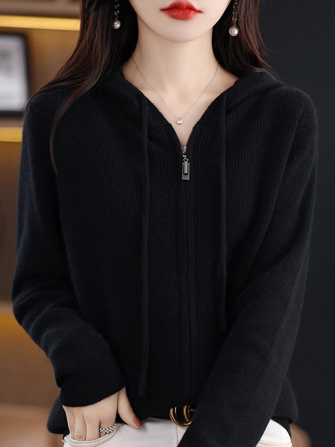 Women's hooded knitted cardigan with zip for autumn 2026, solid colour, loose fit, long sleeve, knit top