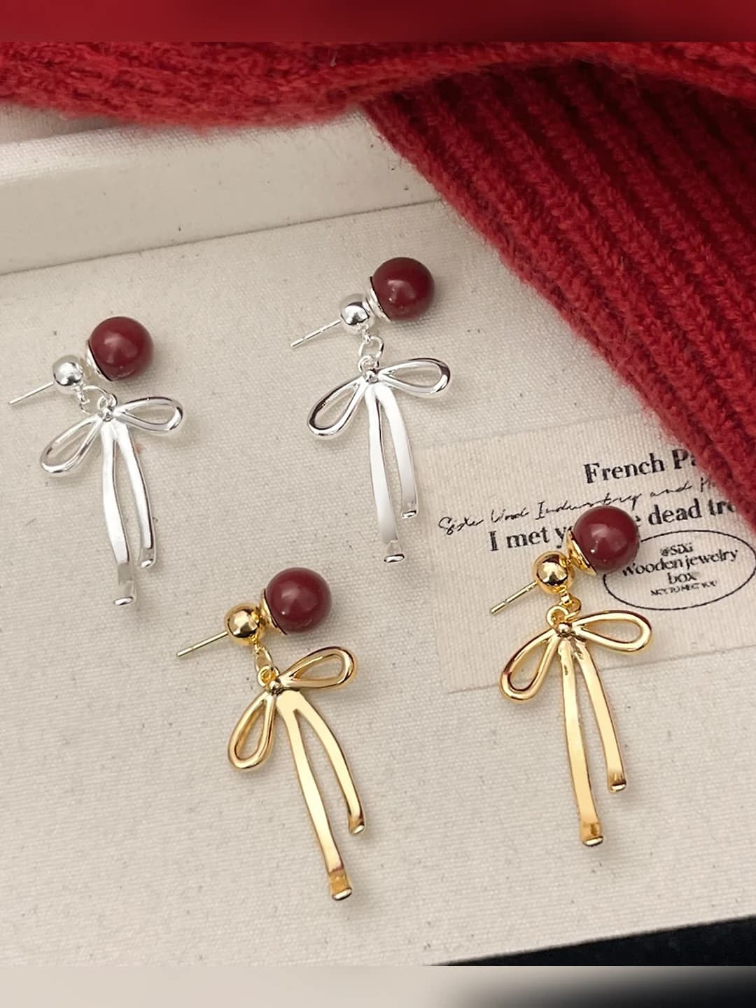 Women's sweet style bow-shaped stud earrings made of copper with 14K palladium plating