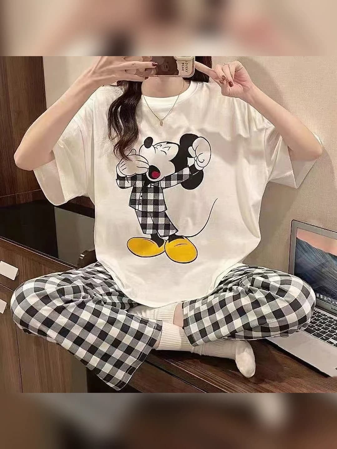 Women's 2026 thin pajama set, Korean style, short sleeve and trousers, crew neck, stretch, breathable, loose fit, casual, loungewear
