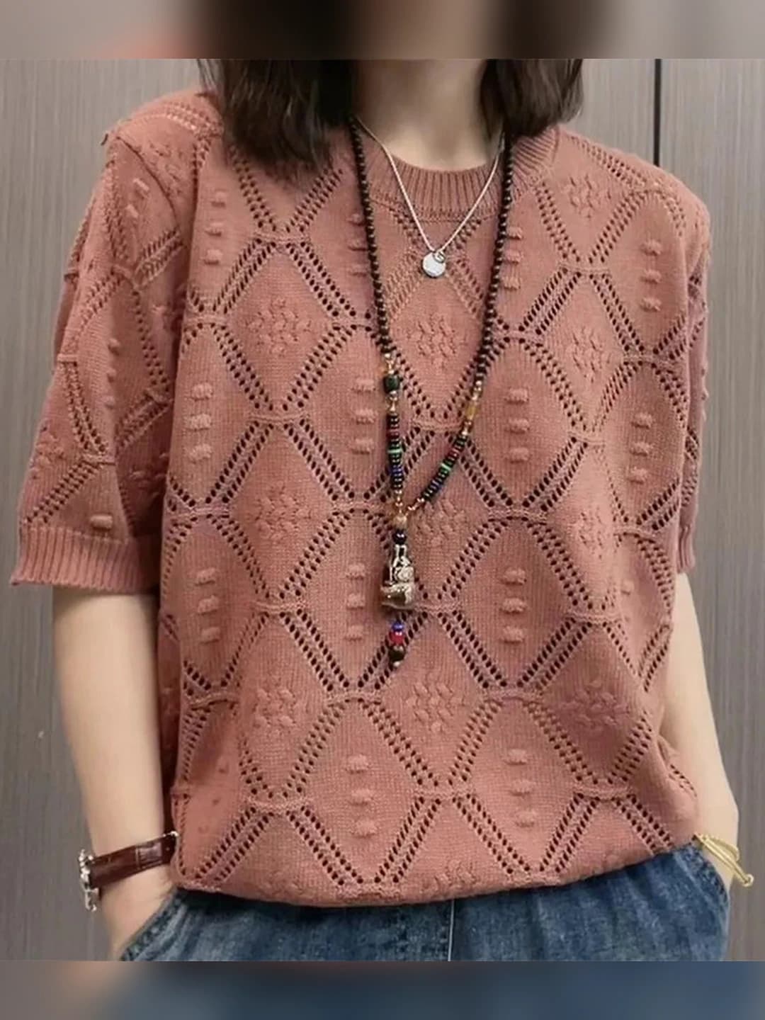Women's summer ice-silk fabric knitted top, crew neck, short sleeve, loose fit, solid colour, slimming