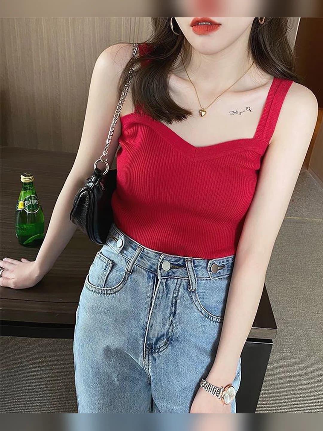 Women's strap top: slim fit, sleeveless, knitted, anime pattern, for spring, summer and autumn