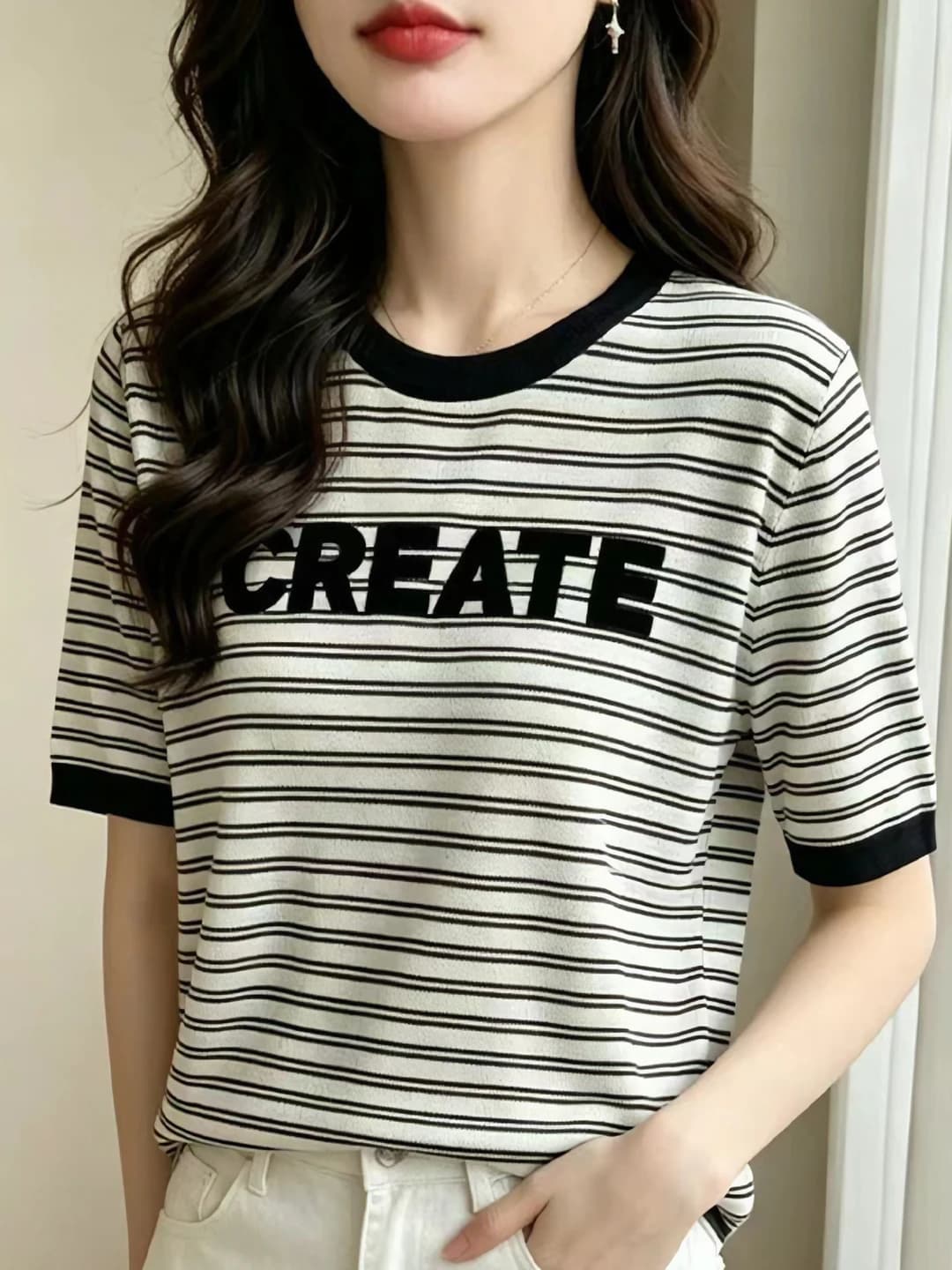 Women's striped short-sleeve t-shirt, crew neck, slimming knit top, ice-silk fabric