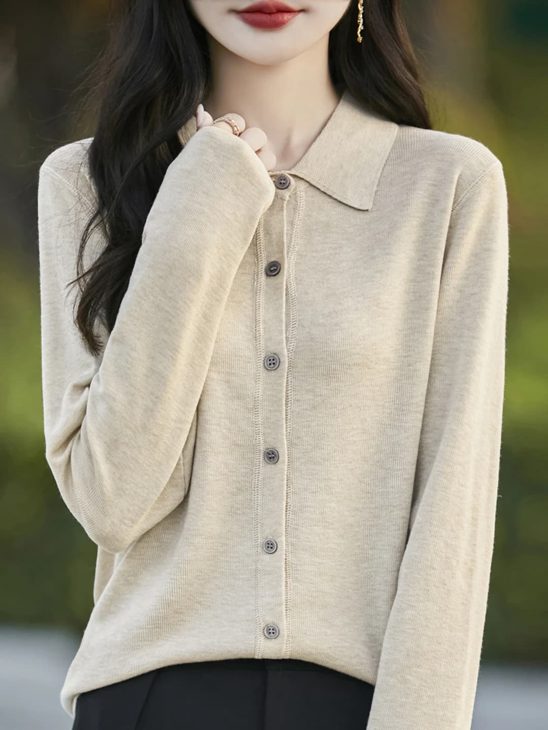 Women's wool blend knit cardigan, POLO collar, crew neck, long sleeve, loose fit, cropped, for spring and summer