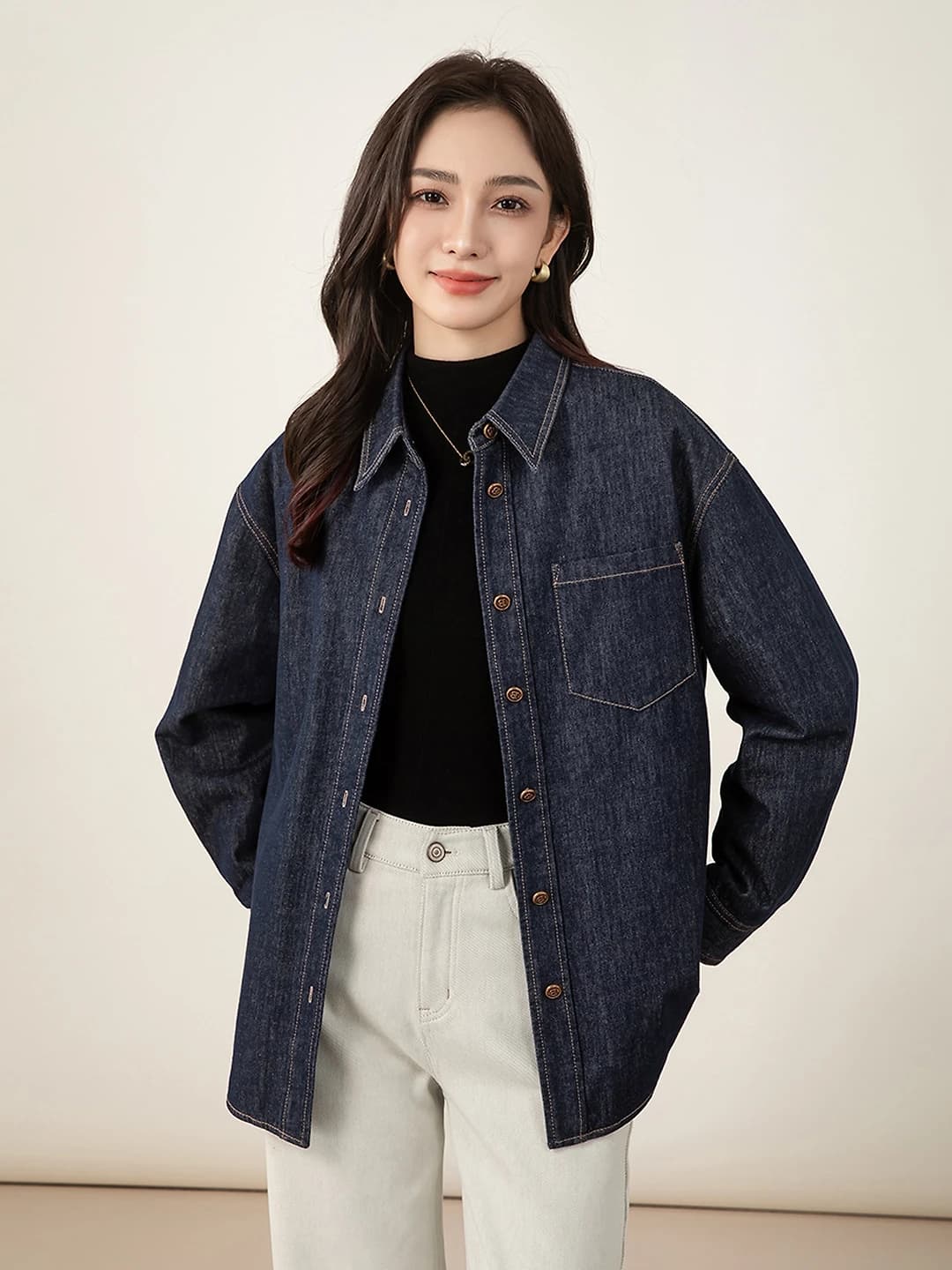 Women's 2026 winter denim shirt, loose fit, long sleeve, lapel collar, solid colour, casual style