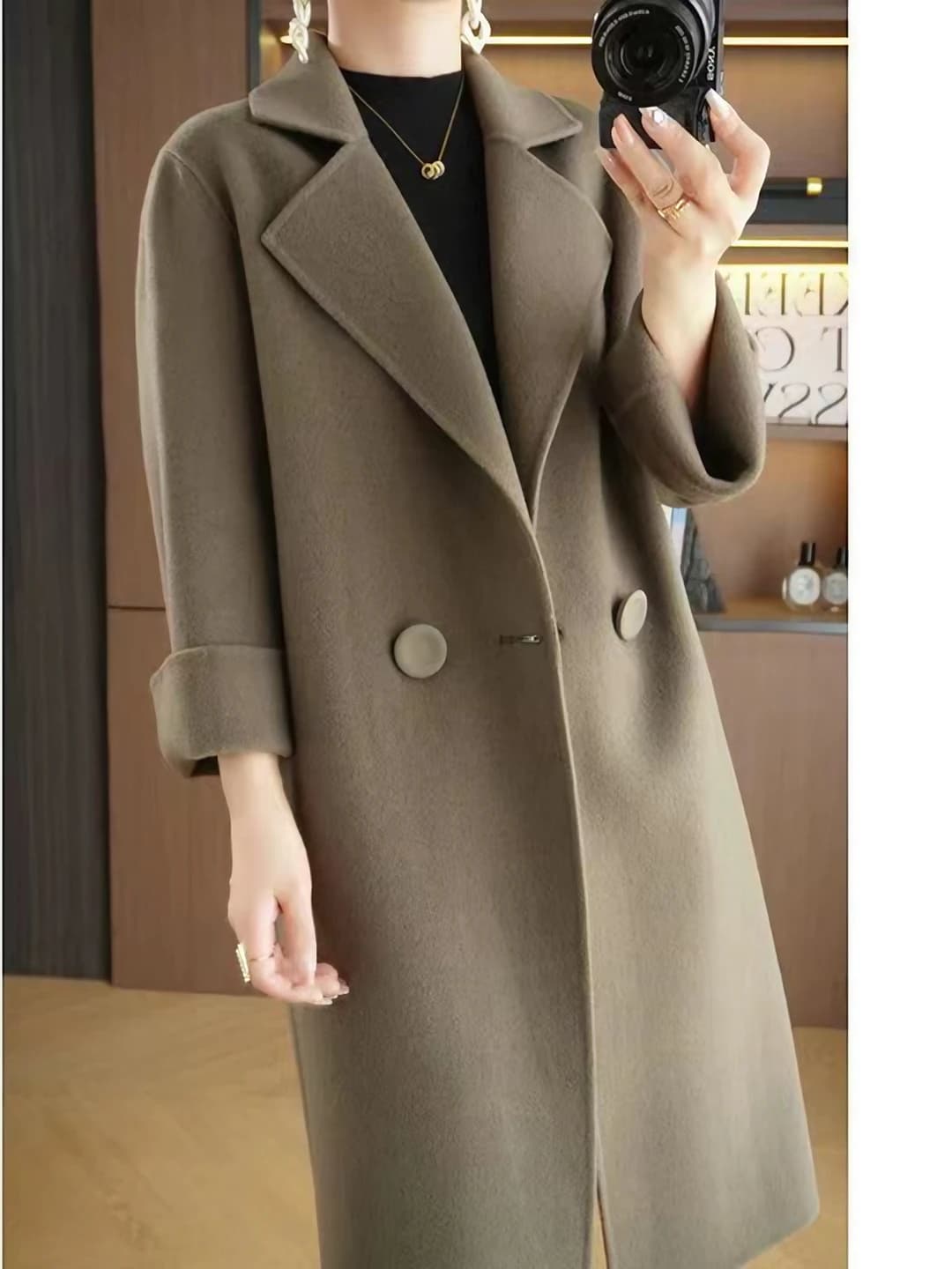 Women's plus size cashmere coat, loose fit and slim fit, slimming, mid-length, blazer collar, long sleeve, solid colour, urban style