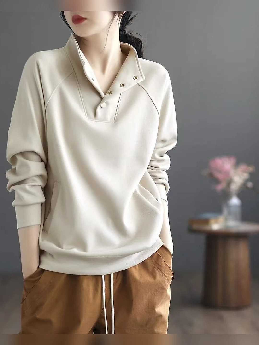 Women's autumn-winter plus size loose fit solid colour mock neck long sleeve casual sweatshirt