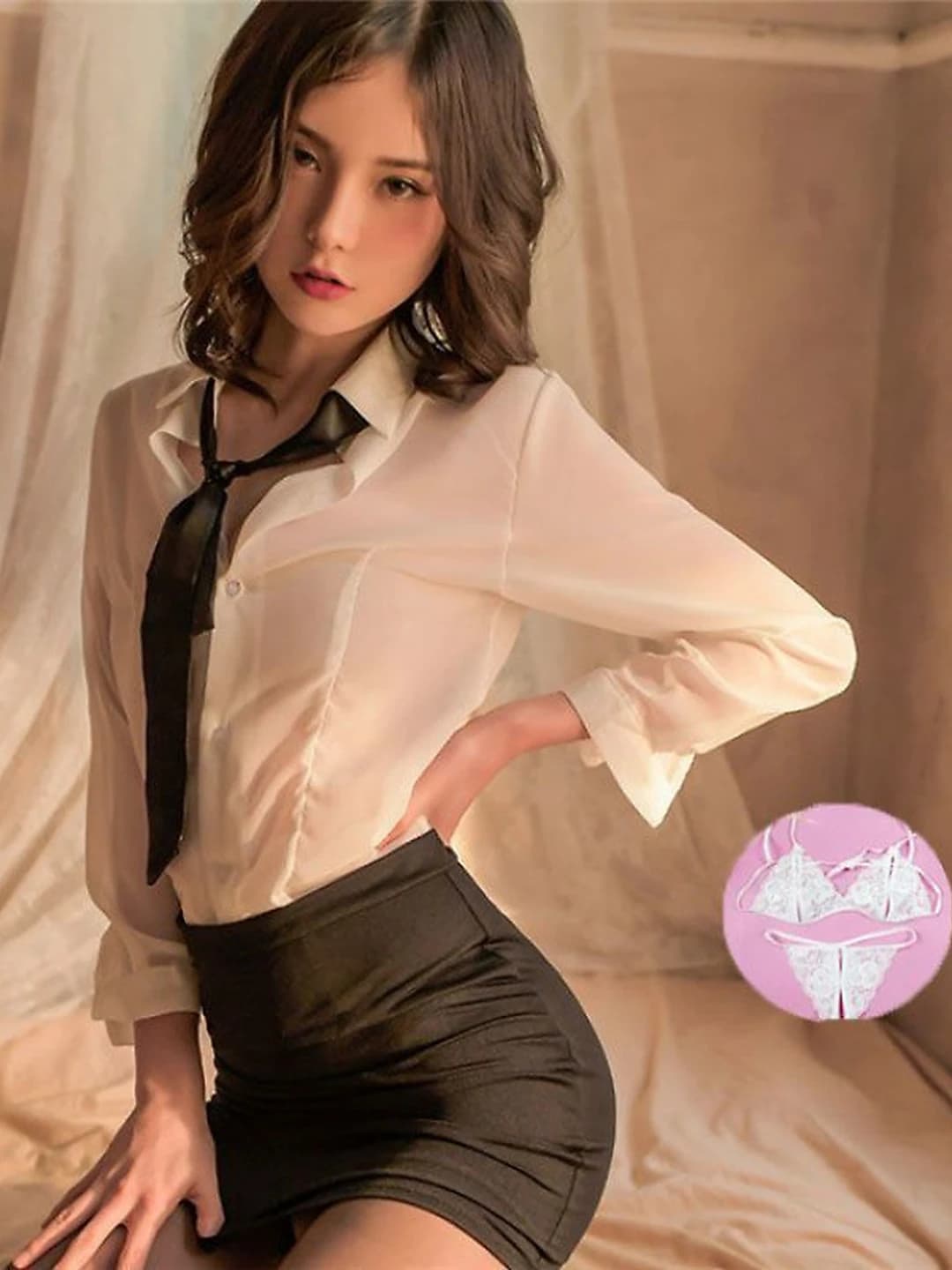 Top+Skirt+Tie+Underwear+White thong
