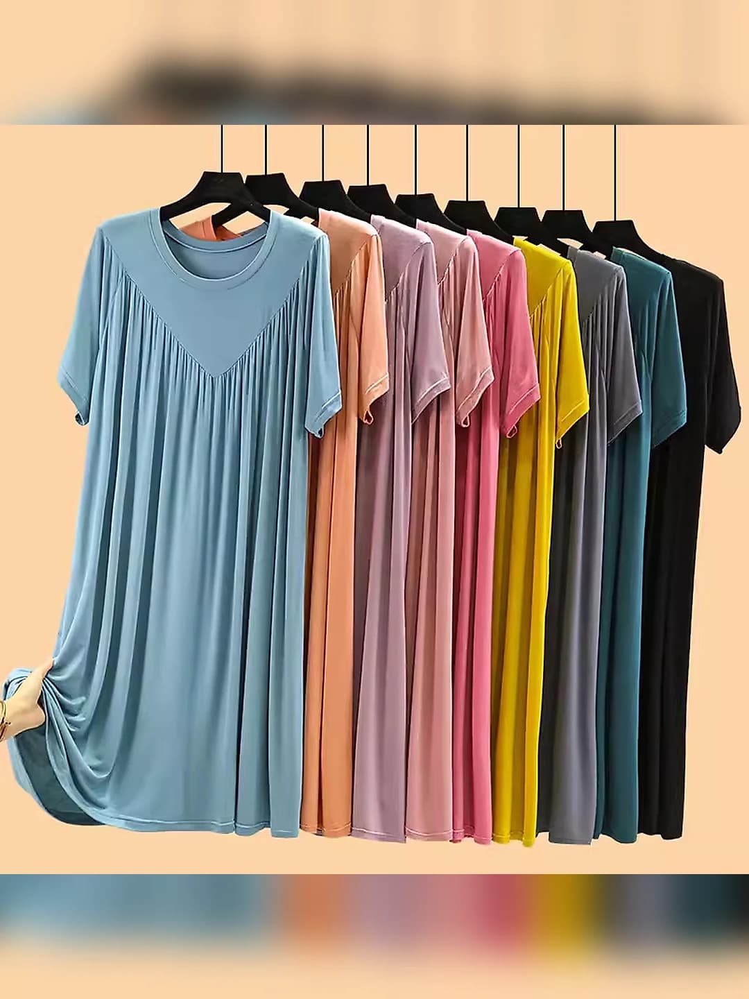 Ayollar uchun yozgi yupqa modal o'rta-uzun uy ko'ylagi, katta o'lcham, bo'sh (oversize) fit, dumaloq yoqa, kalta yeng, A-shakl, qirrali