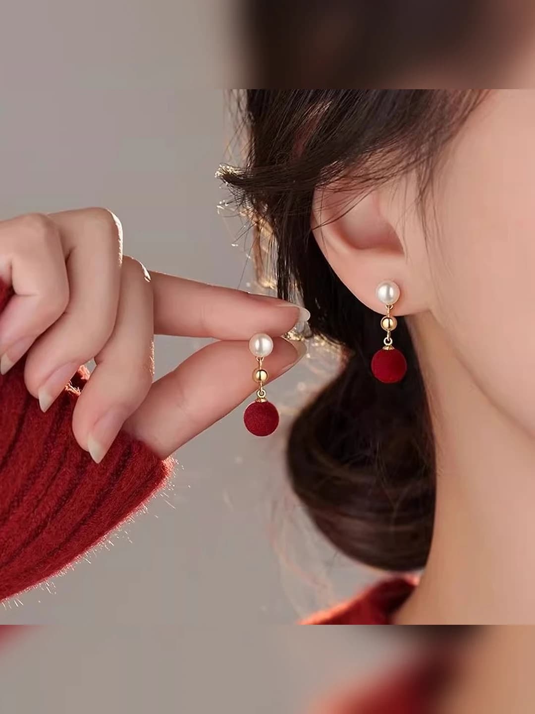 Red velvet pearl earrings for women in French retro style for 2026 New Year