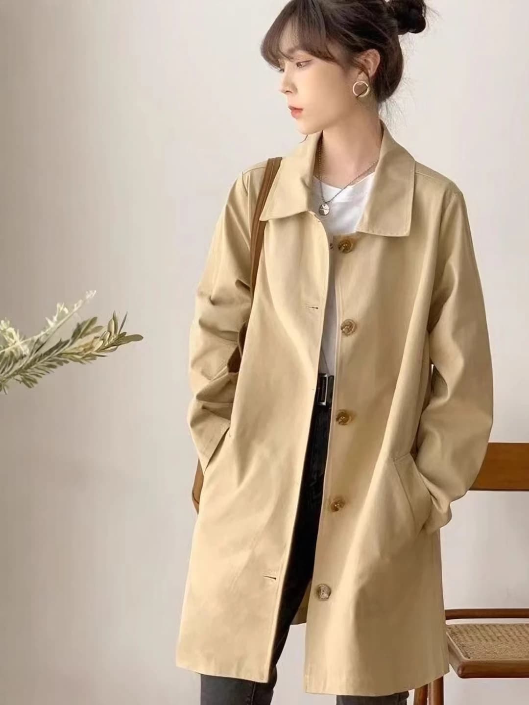 Women's mid-length trench coat, casual, Korean style, loose fit, solid colour, long sleeve, POLO collar, spring-autumn