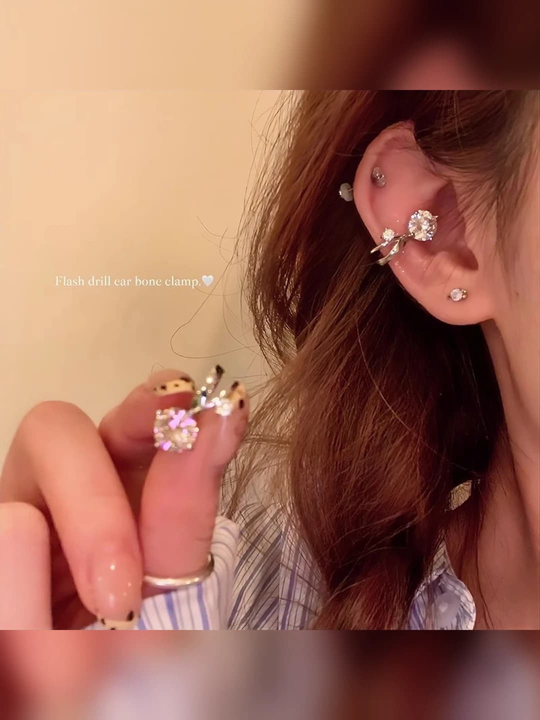 Women's zircon ear clips, copper, geometric shape, Korean style