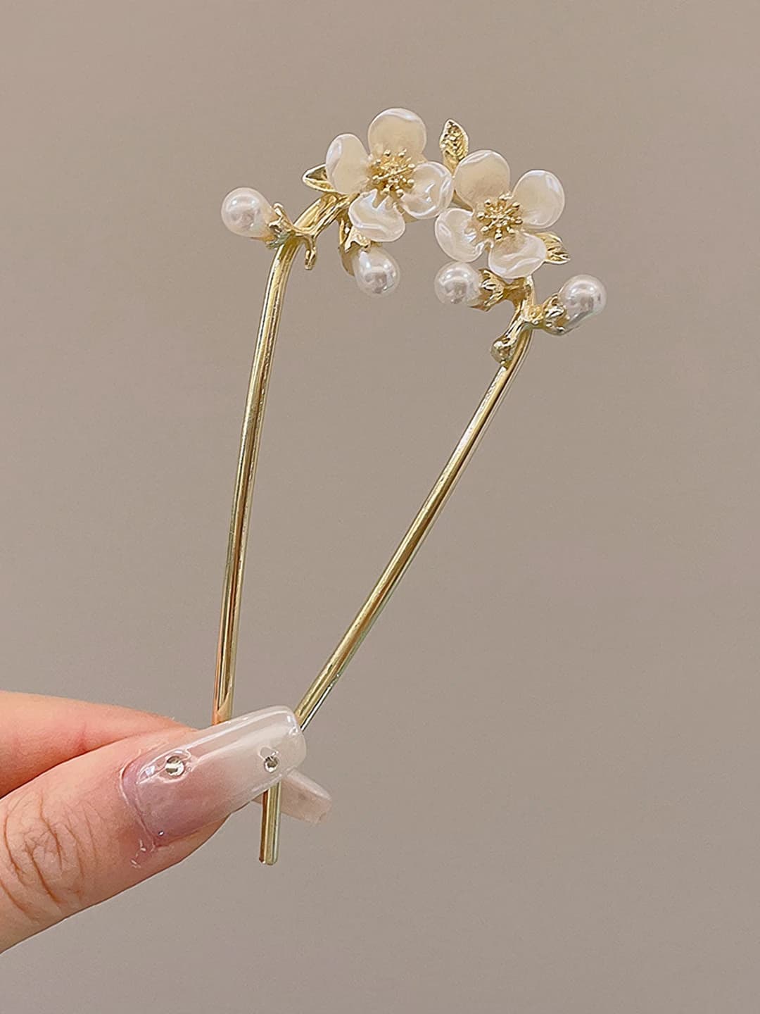 10# Gold pearl floral U-shaped hairpin