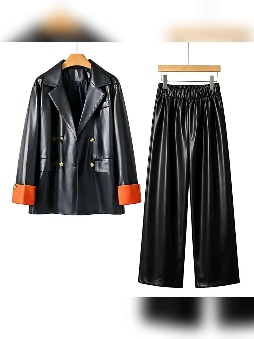 Women's PU leather jacket and trousers set, Korean style, solid colour, long sleeve, all-season