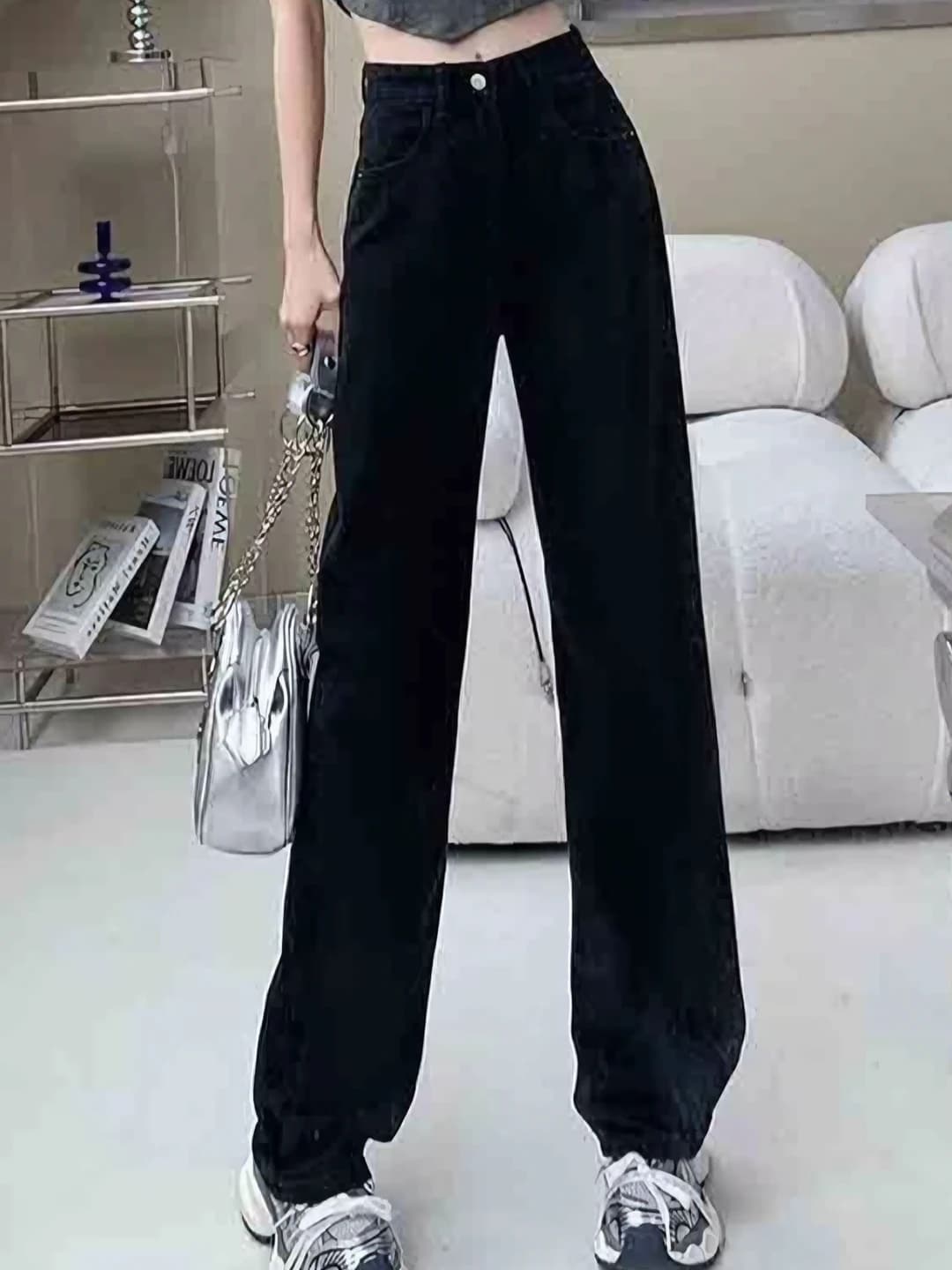 Ayollar uchun retro kundalik jinsi shim: baland bel, nozik ko'rsatadigan, bo'sh (oversize), keng va klesh, bahor-kuz