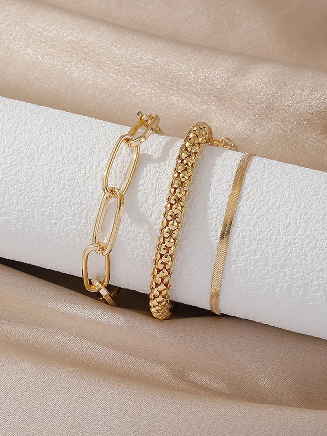 Women's 3-piece set: Cuban, snake and popcorn chain anklets