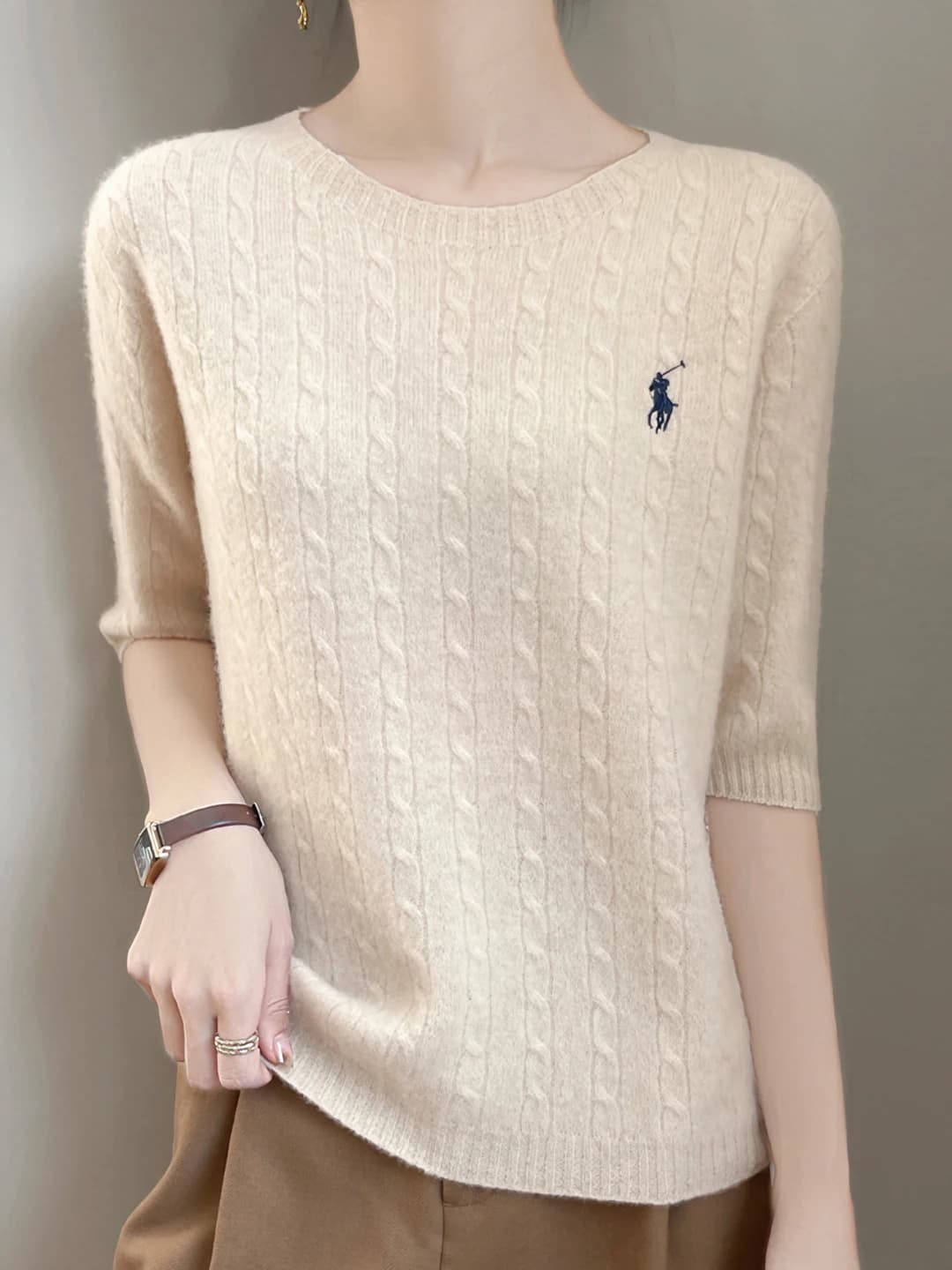 Women's autumn cable knit top, crew neck, elbow-length sleeve, loose fit, slimming, embroidered, animal pattern, polyester, knitted top
