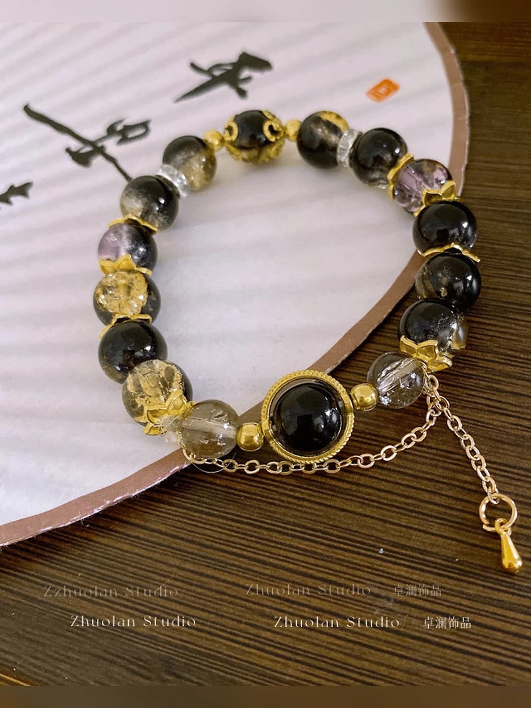 Women's black glass bead bracelet, zinc alloy, handmade, geometric shape, Korean-Japanese style