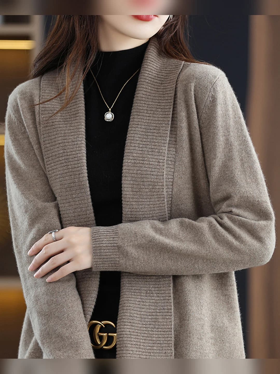 Women's 2026 autumn-winter knit cardigan, loose fit, wool, long sleeve, medium thickness, collarless, no closure