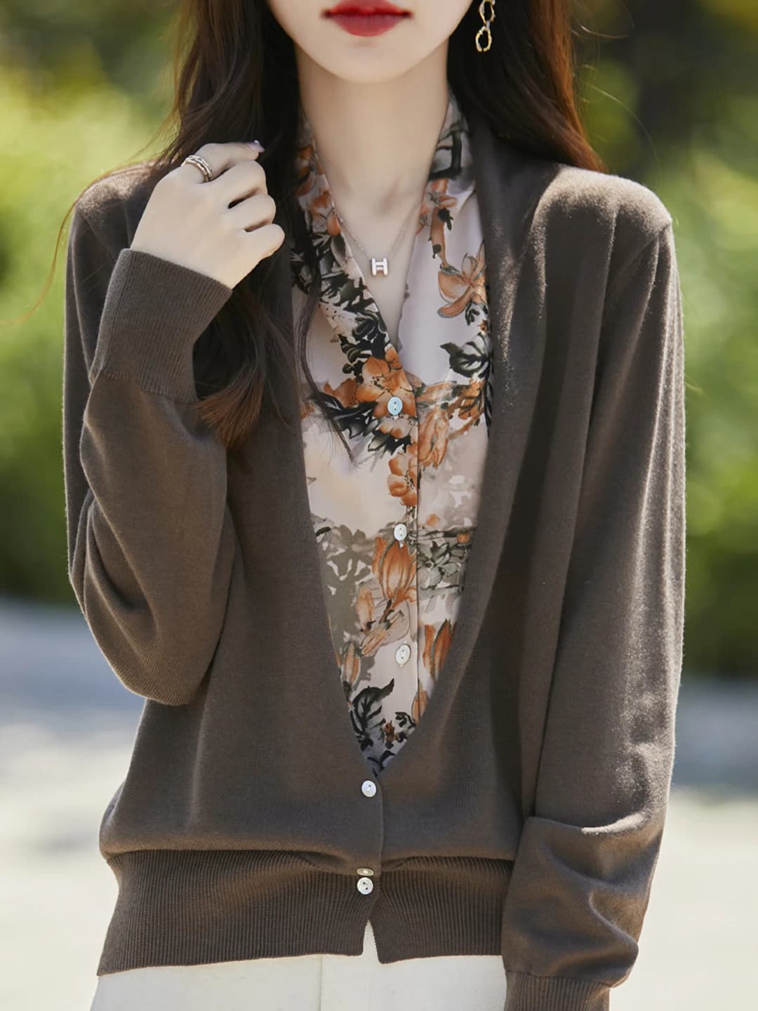 Women's printed knit cardigan, long sleeve, loose fit, V-neck, wool, spring and summer