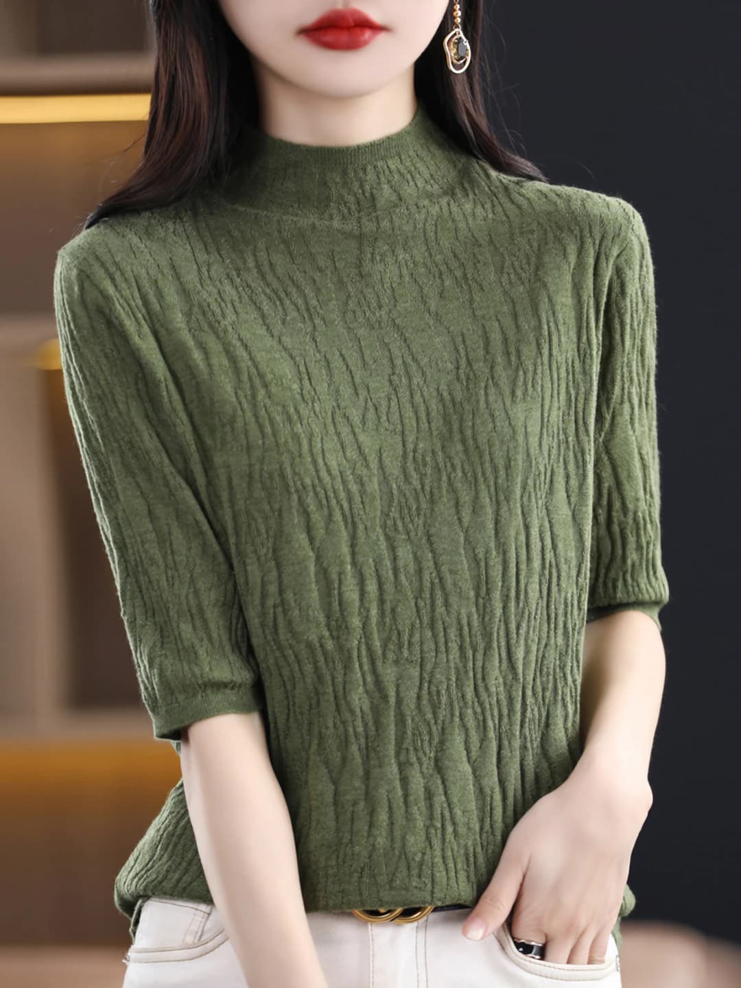 Women's knitted mock-neck top, slim fit, elbow-length sleeve, solid colour, spring-autumn