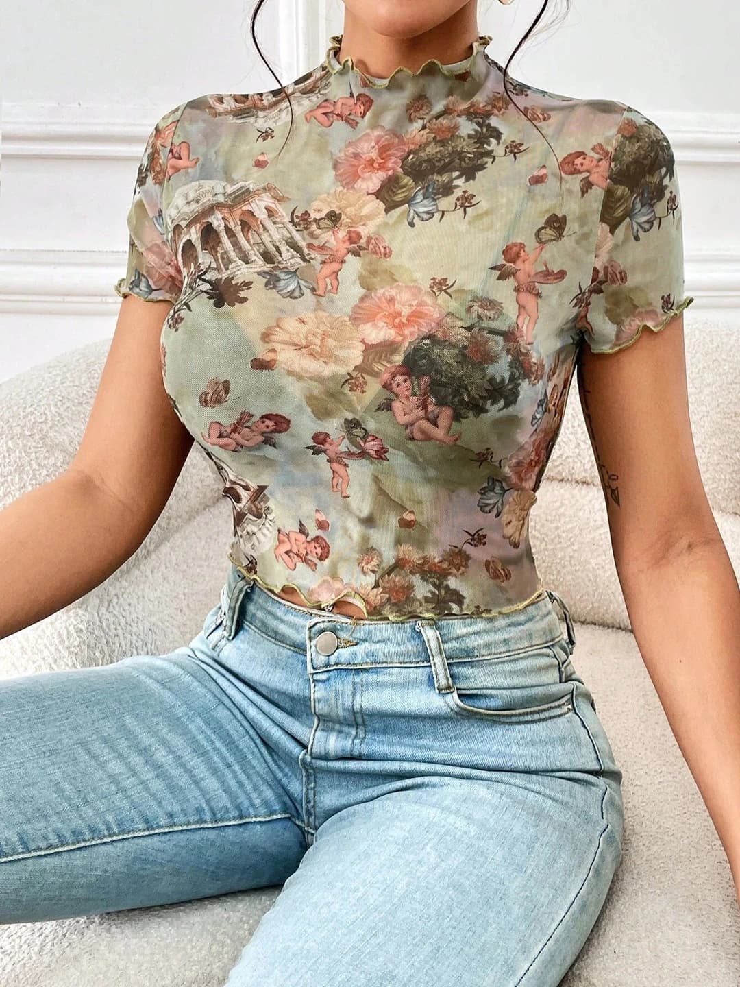 Women's 2026 slimming slim fit short sleeve printed t-shirt with ruffles