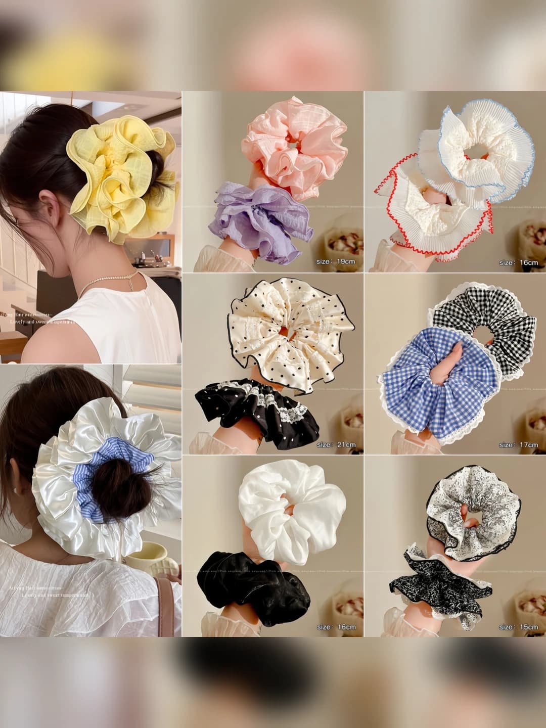 Women's large Korean style stretch hair scrunchie with lace, bow and ruffles