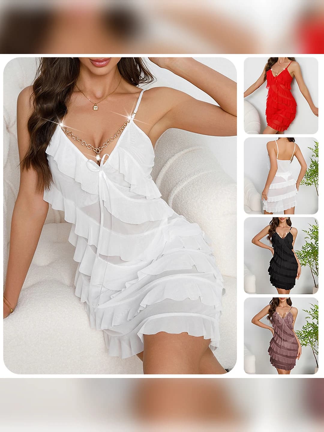 Women's nightgown: multi-layer ruffle, mesh, V-neck, pearl pendant, sleeveless, summer, spring, autumn