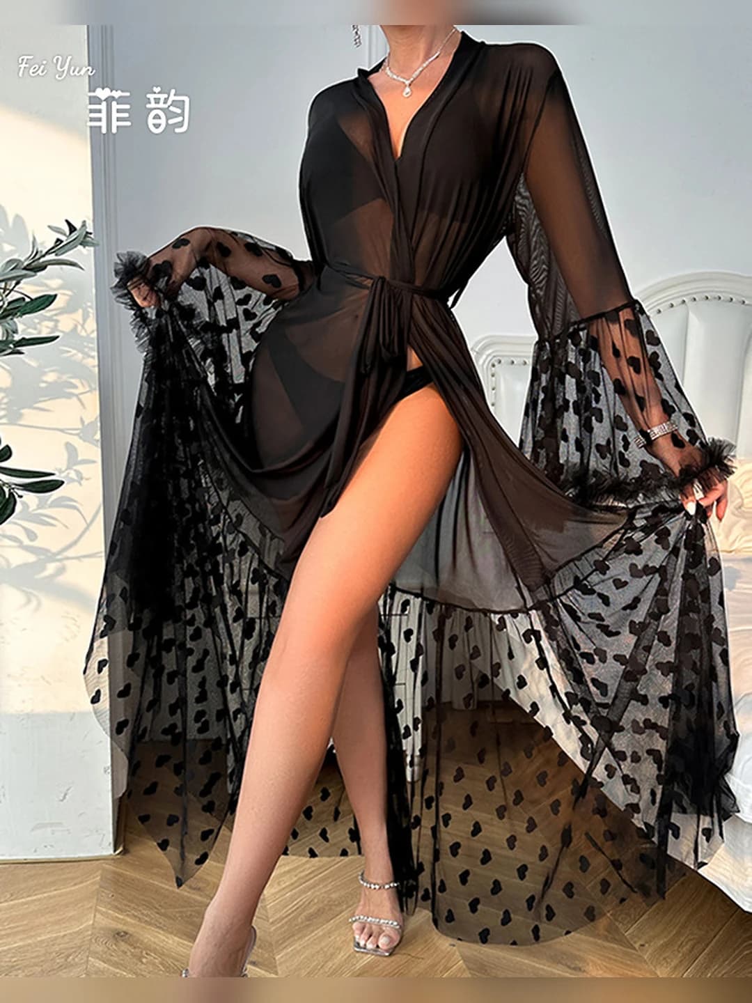 Women's sheer mesh house robe, V-neck, polyester, summer, spring, autumn