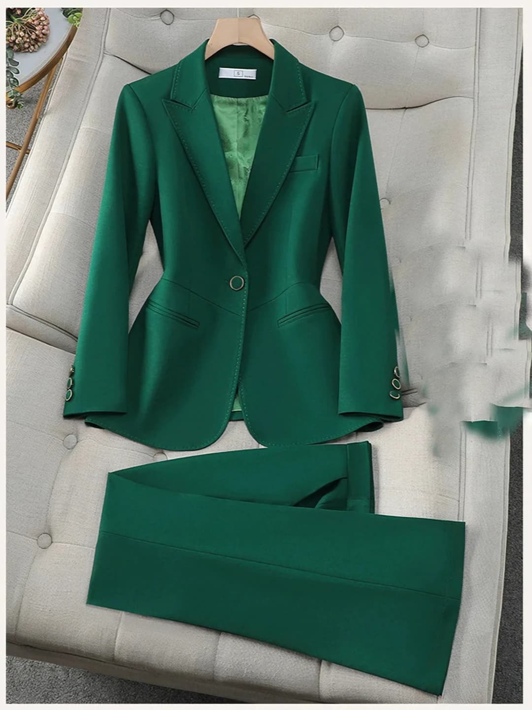 Women's suit with trousers: long sleeve, trousers, polyester fabric, spring-autumn