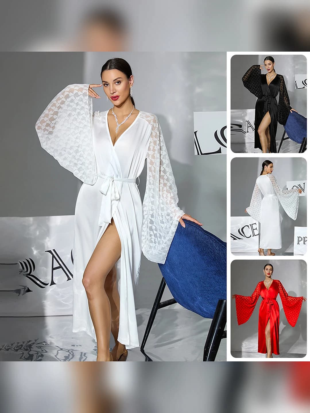 Women's satin house robe with lace sleeves, long, multi-colored, for summer, spring and autumn