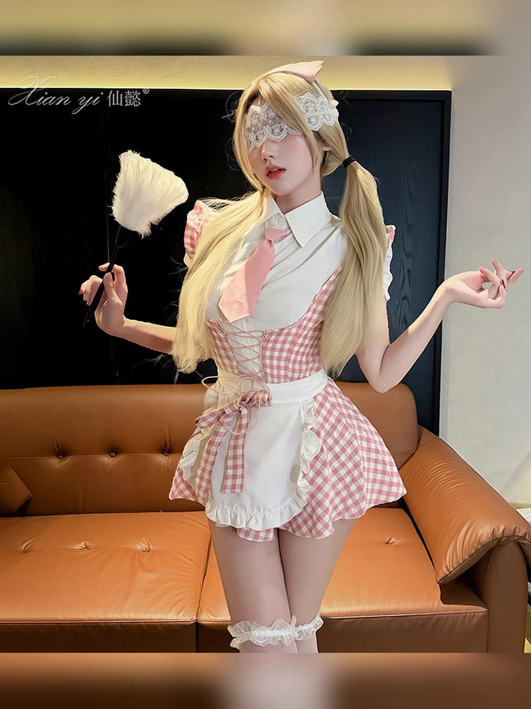 Women's Lolita style maid costume lingerie set, polyester fabric