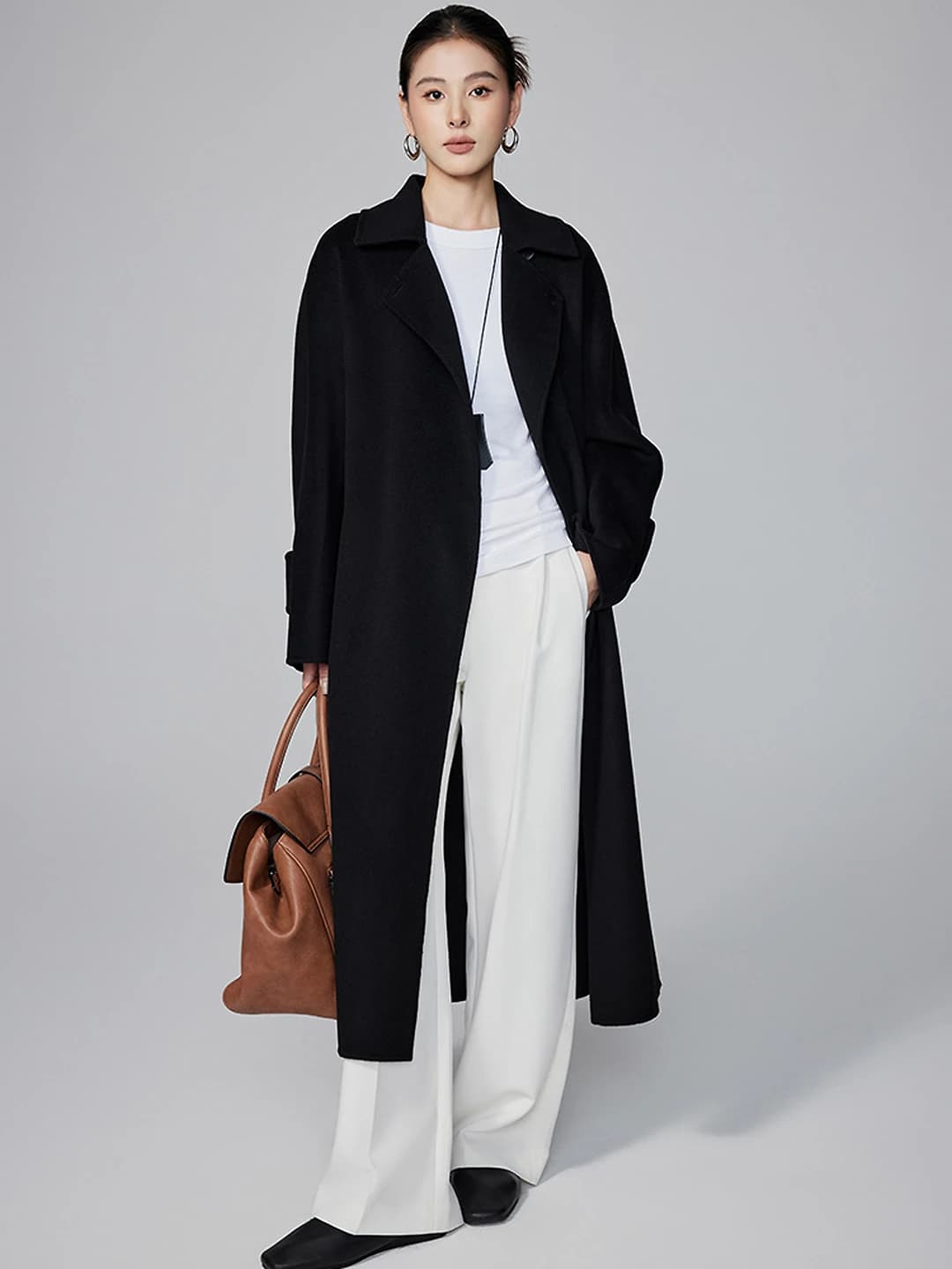 Women's long wool and cashmere coat, autumn-winter, solid colour, handcrafted