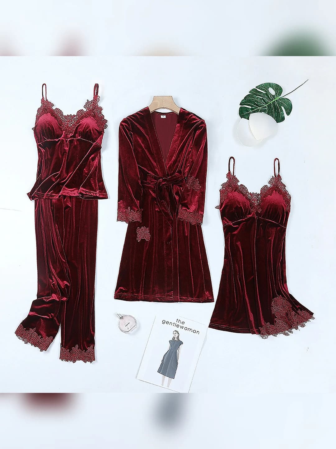 Wine red, 4-piece set, water-soluble lace