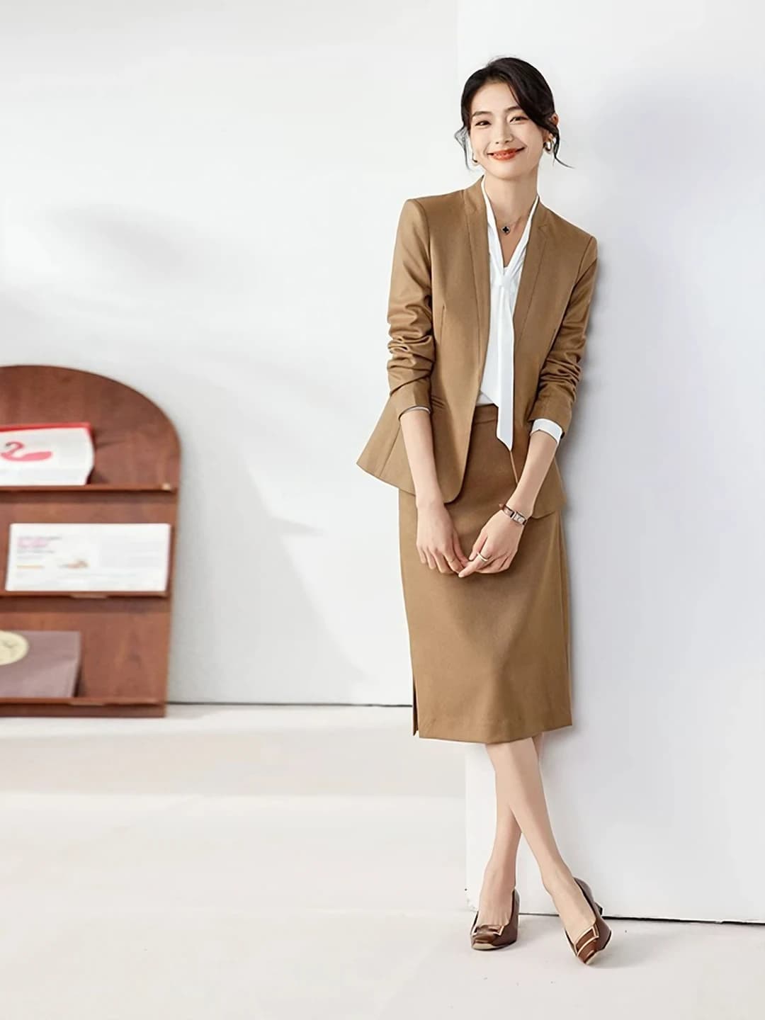 Women's blazer and skirt suit set: long sleeve, trousers, polyester fabric