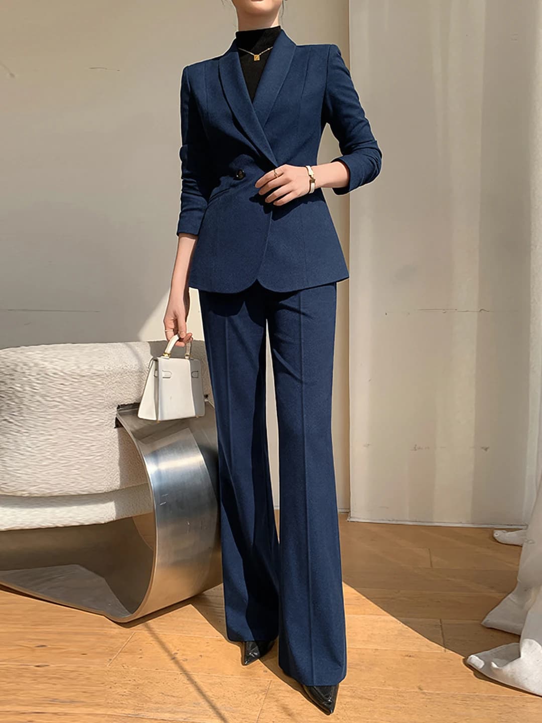 Blue blazer + bell-bottom pants