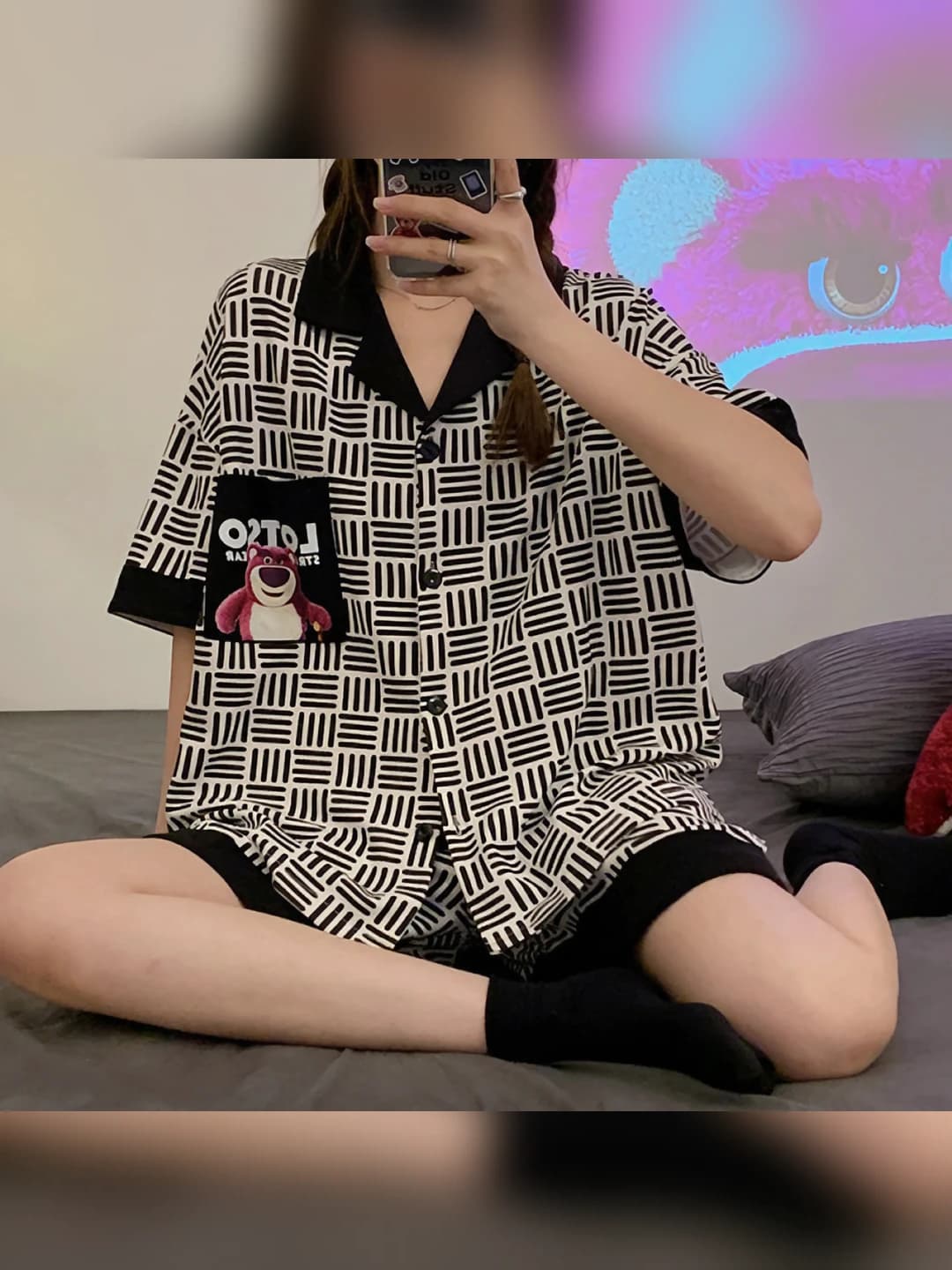Women's summer pajama set: thin, printed, short sleeve and shorts, lapel collar, stretch, breathable