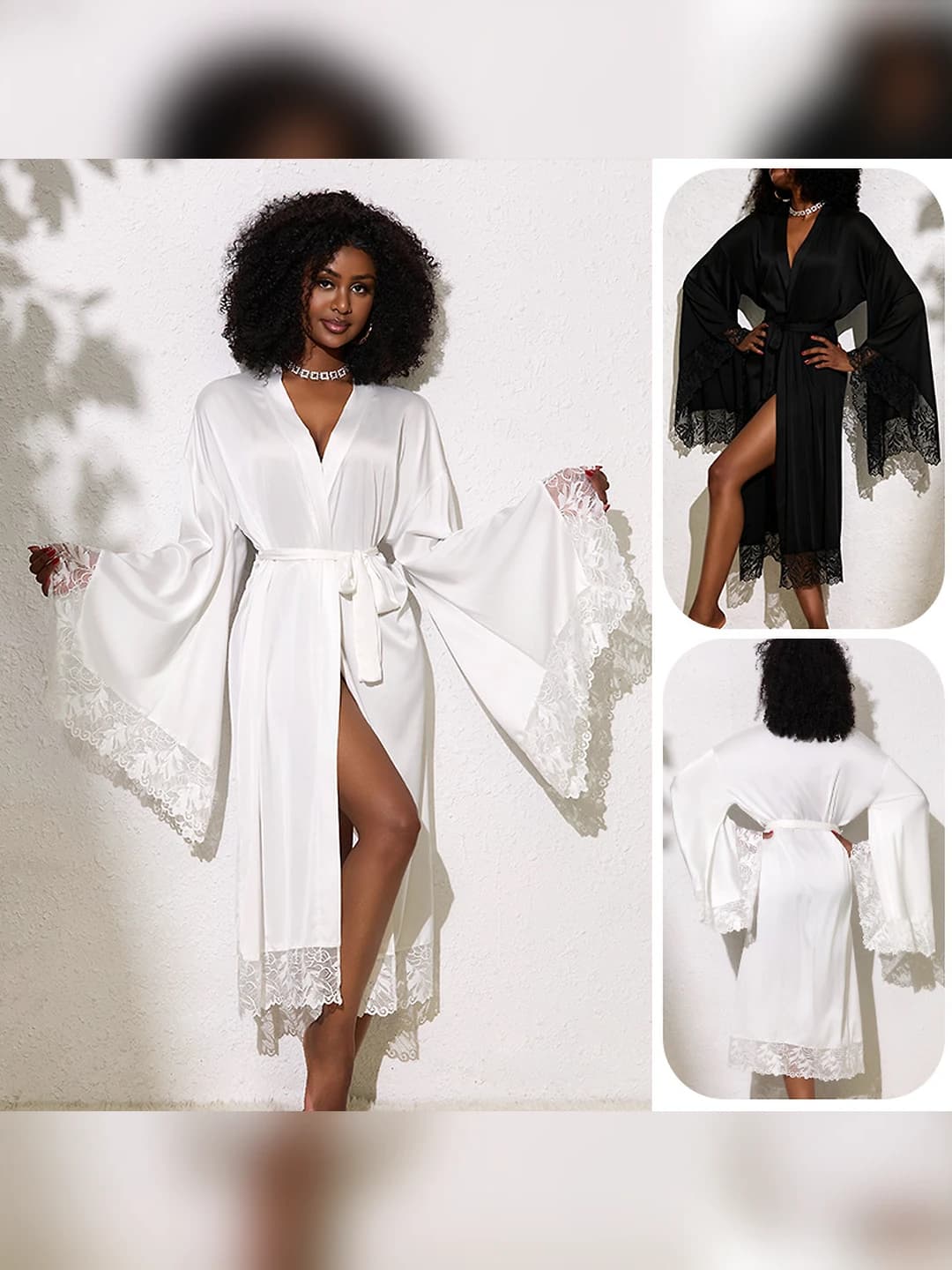 Women's satin lace-trimmed house robe, long, with sleeves, casual and for home, breathable, ultra-thin, for summer, spring, autumn seasons