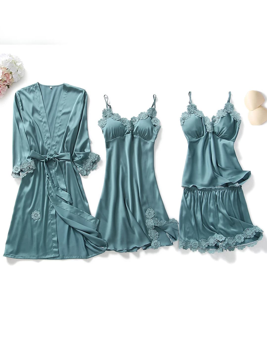 Women's spring-summer home set: thin sleeveless V-neck satin cardigan, nightgown and shorts