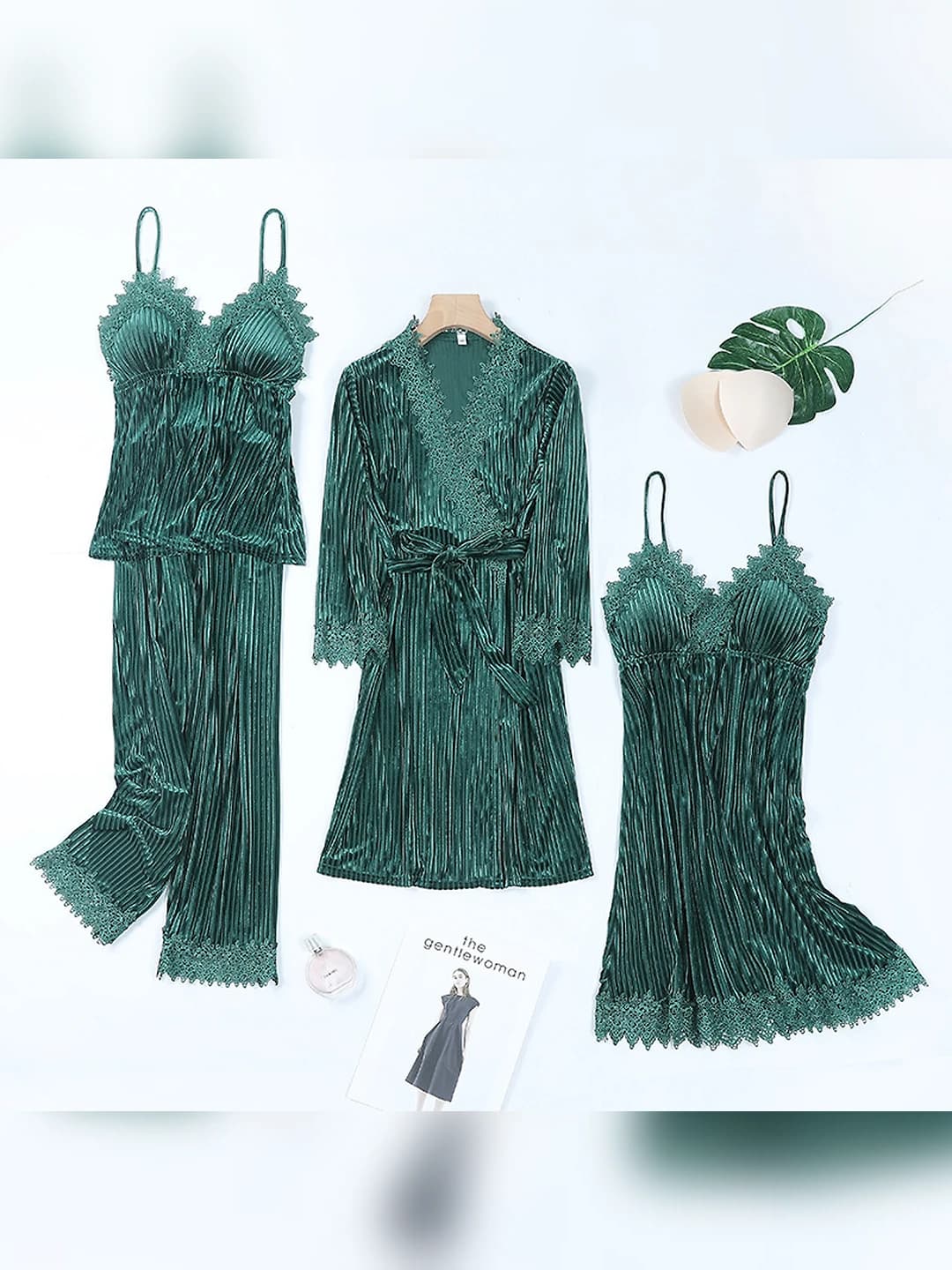 Women's autumn-winter lace and velvet loungewear set (4-piece: camisole, trousers, robe, nightgown), long sleeve, V-neck, warm