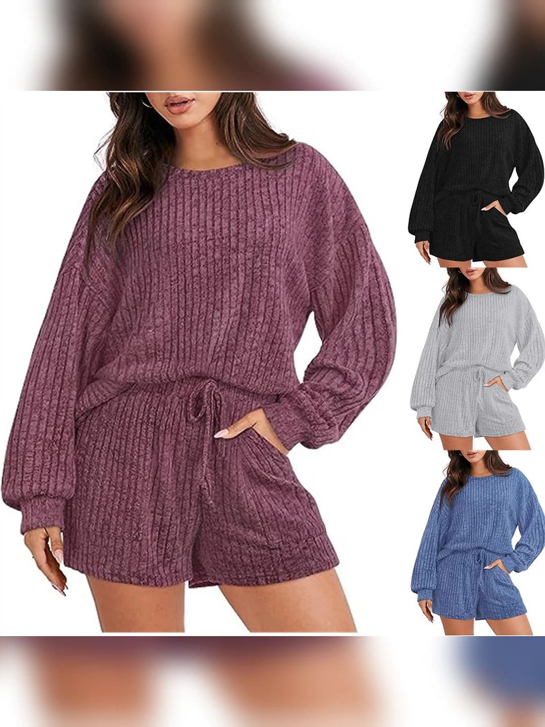 Women's autumn-winter casual loose fit knit loungewear set with long sleeve top and shorts