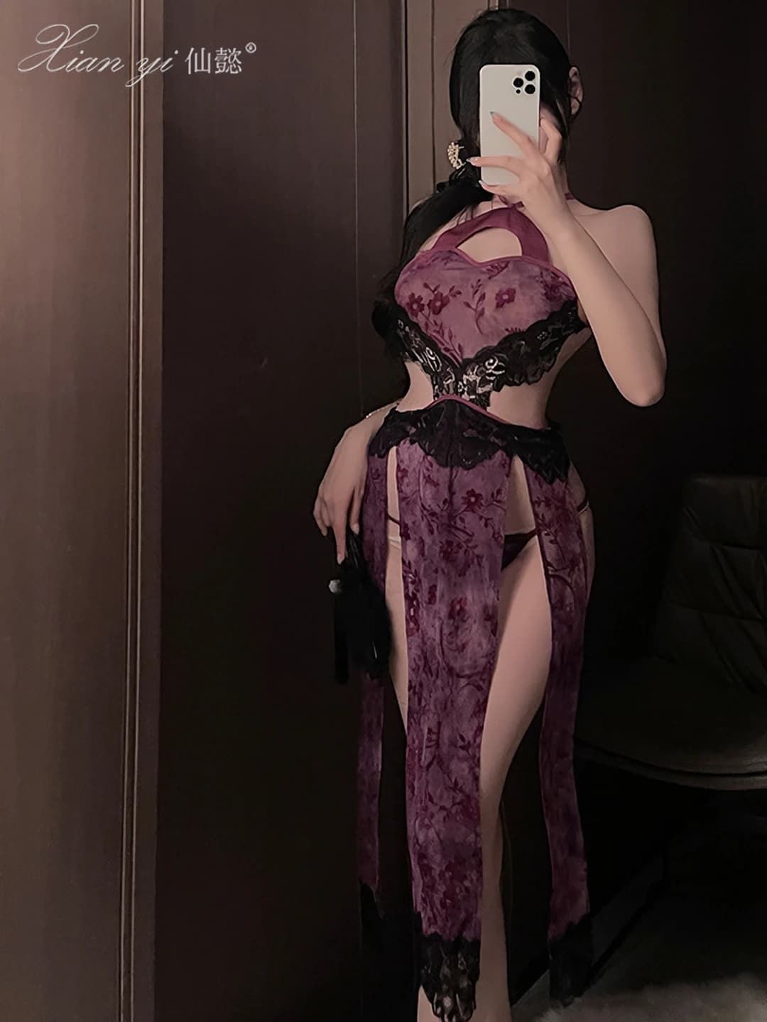 Ayollar uchun erotiki qipao ichki kiyim kostyumi, binafsha rang, orqa ochiq, shaffof, polyester