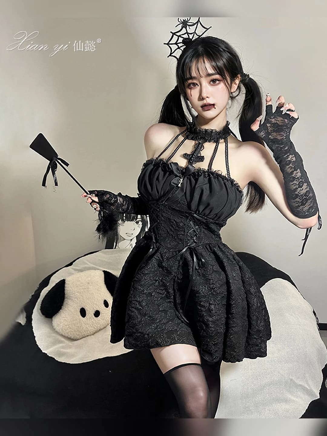 Ayollar uchun erotik ichki kiyimlar kostyumi to'plami: Lolita va uniforma uslubidagi qora rangli shayton cosplay kiyimi, poliester mato