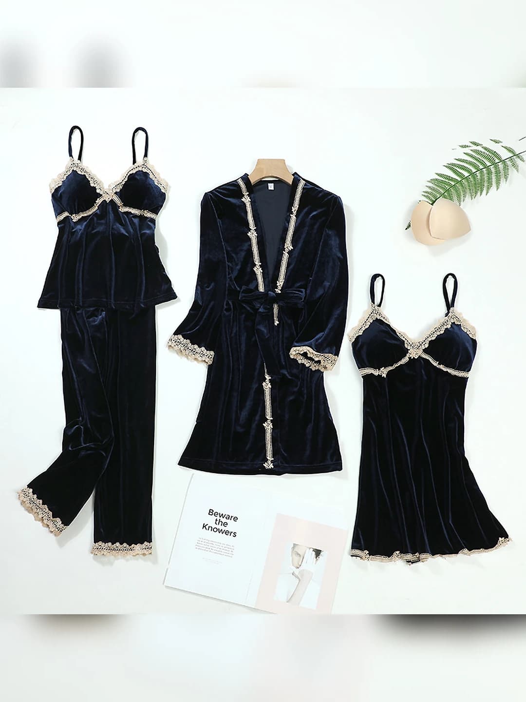 Gold velvet 4pc set - Navy piping