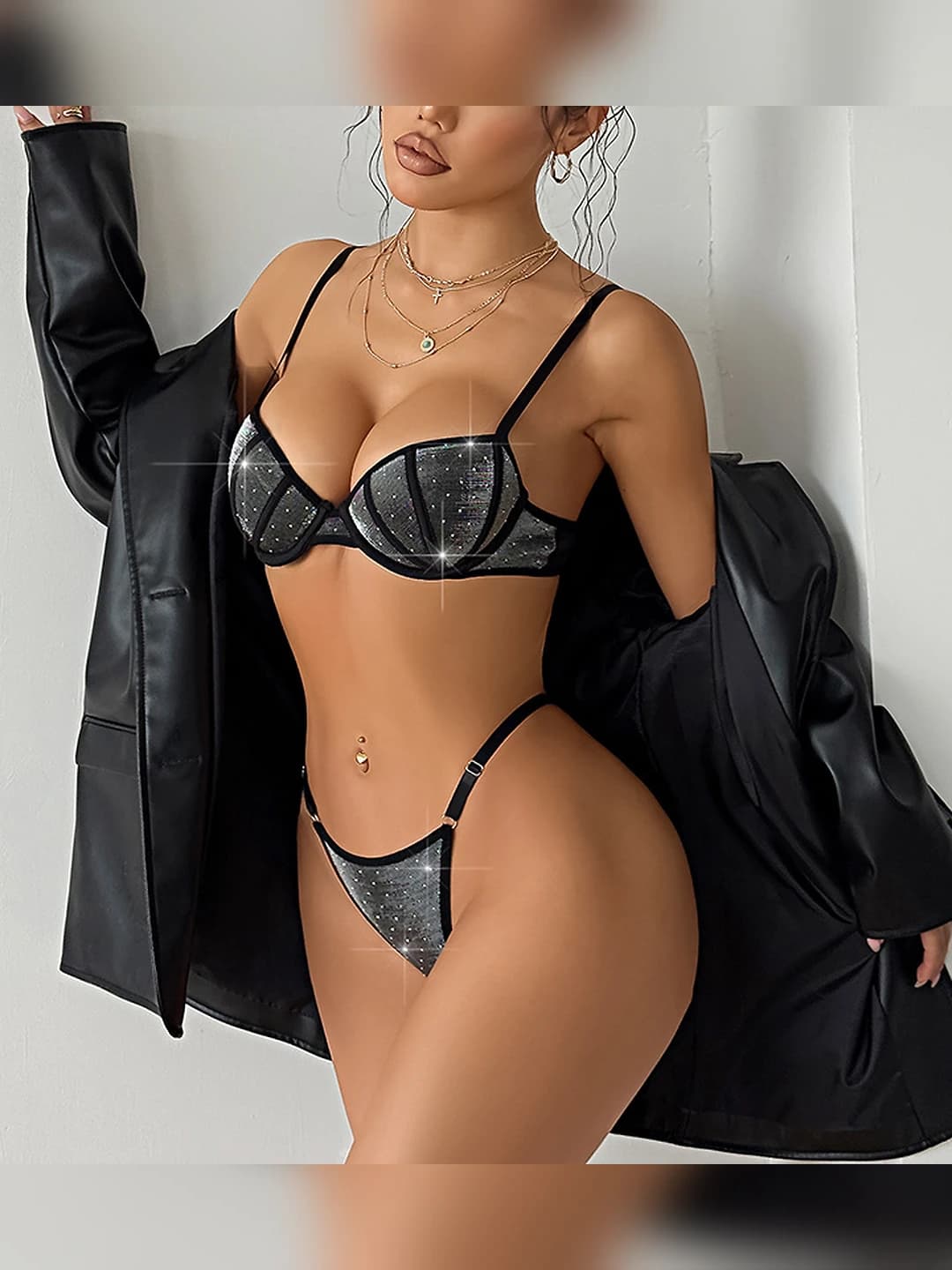 Women's sequined lingerie set (bra and briefs), 3D underwire cups, 90%–95% polyester