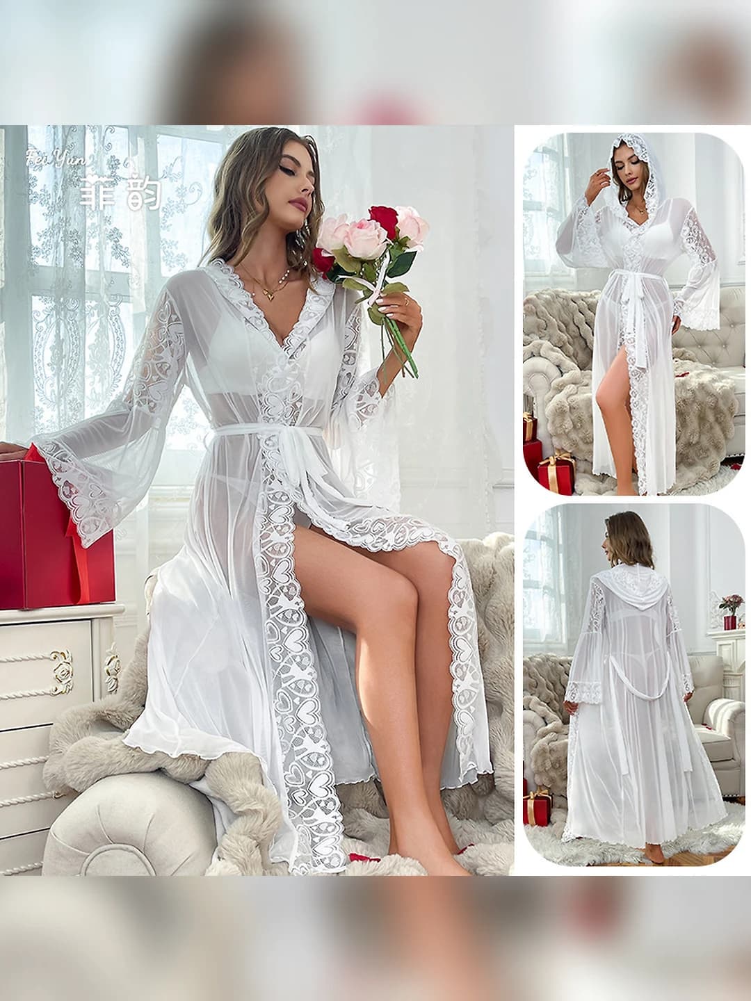 Ayollar uchun dantel va tarmoq mato liyali xalat, V-yoqa, yoz, bahor, kuz uchun